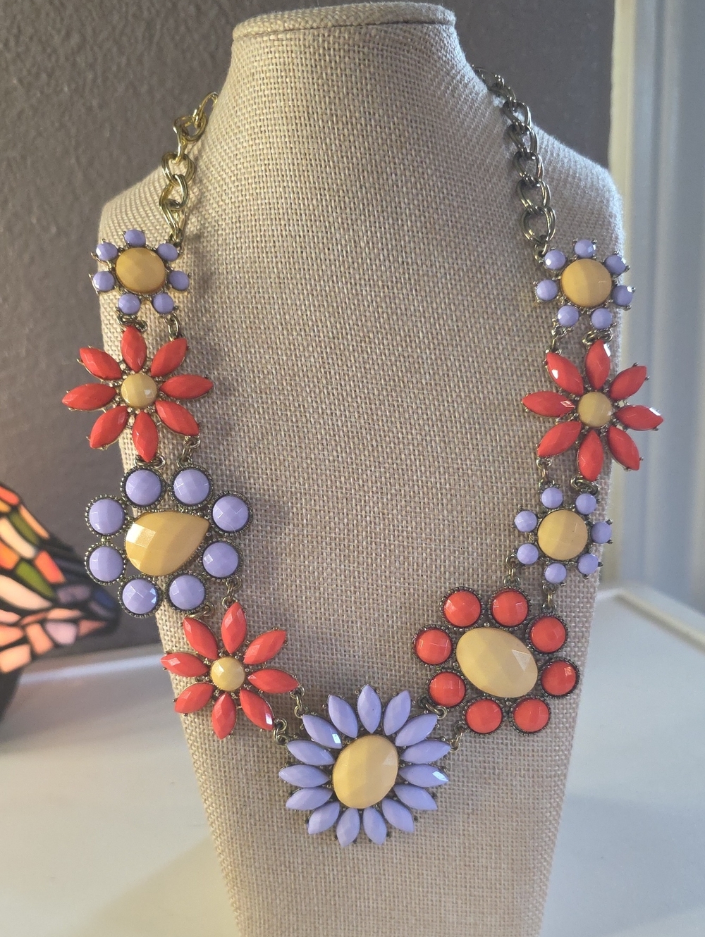 Vintage Statement Floral Bib Necklace in Coral, Lavender & Yellow